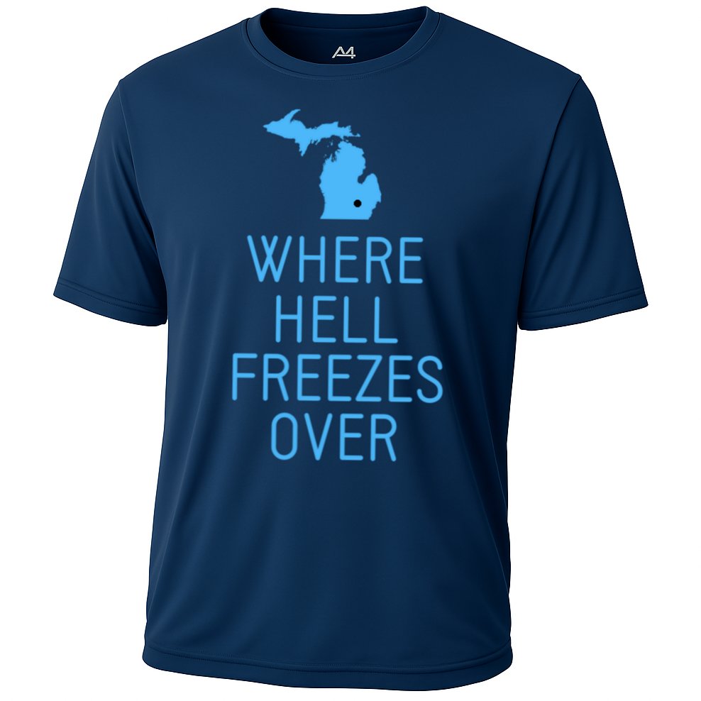 Funny Hell Freezes Michigan Michigander Great Lakes Map Gift Cooling Performance Crew T-Shirt