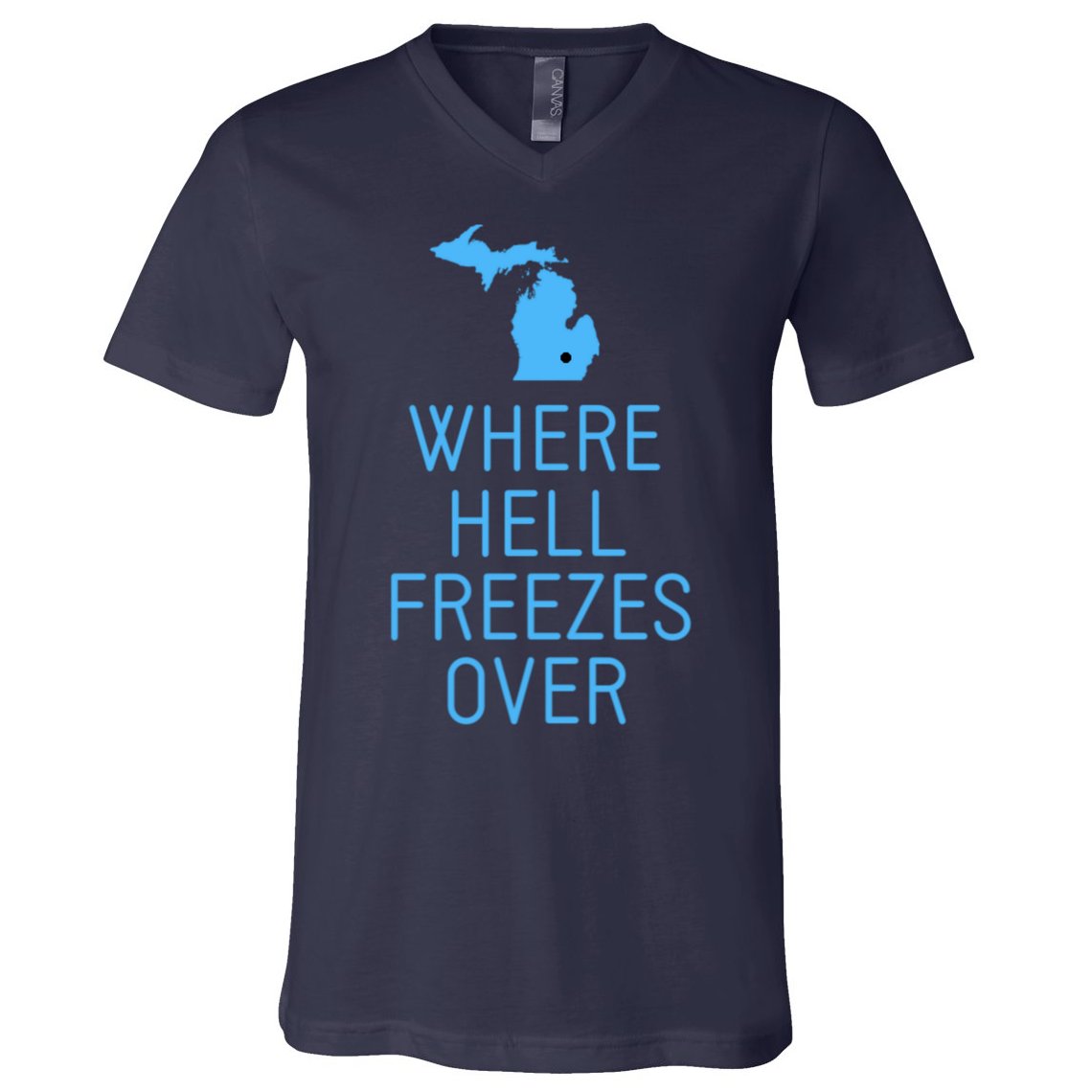 Funny Hell Freezes Michigan Michigander Great Lakes Map Gift V-Neck T-Shirt