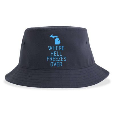 Funny Hell Freezes Michigan Michigander Great Lakes Map Gift Sustainable Bucket Hat