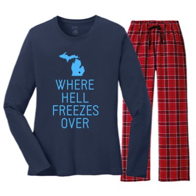 Funny Hell Freezes Michigan Michigander Great Lakes Map Gift Women's Long Sleeve Flannel Pajama Set 