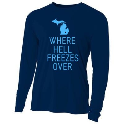 Funny Hell Freezes Michigan Michigander Great Lakes Map Gift Cooling Performance Long Sleeve Crew