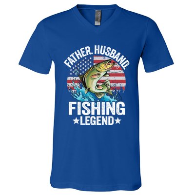 Father Husband Fishing Legend American Flag Dad Fishing Great Gift V-Neck T-Shirt