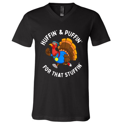 Funny Huffin For That Stuffin Turkey Run Trot Thanksgiving V-Neck T-Shirt