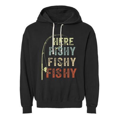 Fishing Here Fishy Bass Fish Funny Garment-Dyed Fleece Hoodie