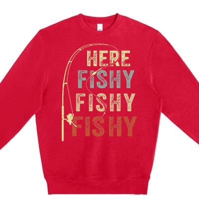 Fishing Here Fishy Bass Fish Funny Premium Crewneck Sweatshirt