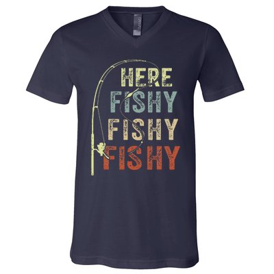 Fishing Here Fishy Bass Fish Funny V-Neck T-Shirt