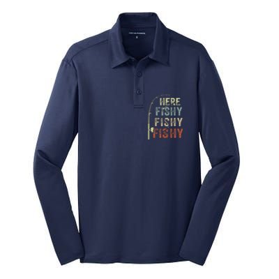 Fishing Here Fishy Bass Fish Funny Silk Touch Performance Long Sleeve Polo