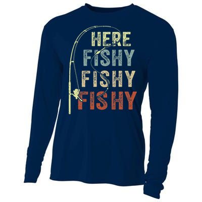 Fishing Here Fishy Bass Fish Funny Cooling Performance Long Sleeve Crew