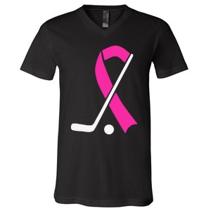 Field Hockey for Girls Breast Cancer Awareness Ribbon V-Neck T-Shirt