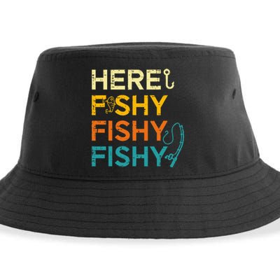 Fishing Here Fishy Retro Fish Lover Fisherman Sustainable Bucket Hat