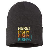 Fishing Here Fishy Retro Fish Lover Fisherman Sustainable Knit Beanie