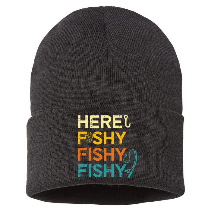 Fishing Here Fishy Retro Fish Lover Fisherman Sustainable Knit Beanie