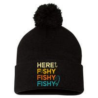 Fishing Here Fishy Retro Fish Lover Fisherman Pom Pom 12in Knit Beanie