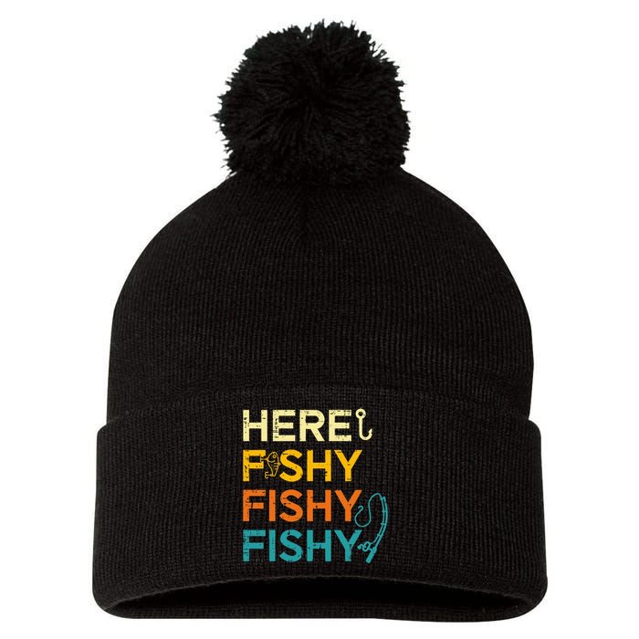 Fishing Here Fishy Retro Fish Lover Fisherman Pom Pom 12in Knit Beanie