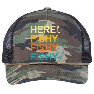 Fishing Here Fishy Retro Fish Lover Fisherman Retro Rope Trucker Hat Cap