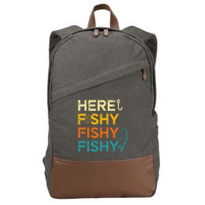 Fishing Here Fishy Retro Fish Lover Fisherman Cotton Canvas Backpack