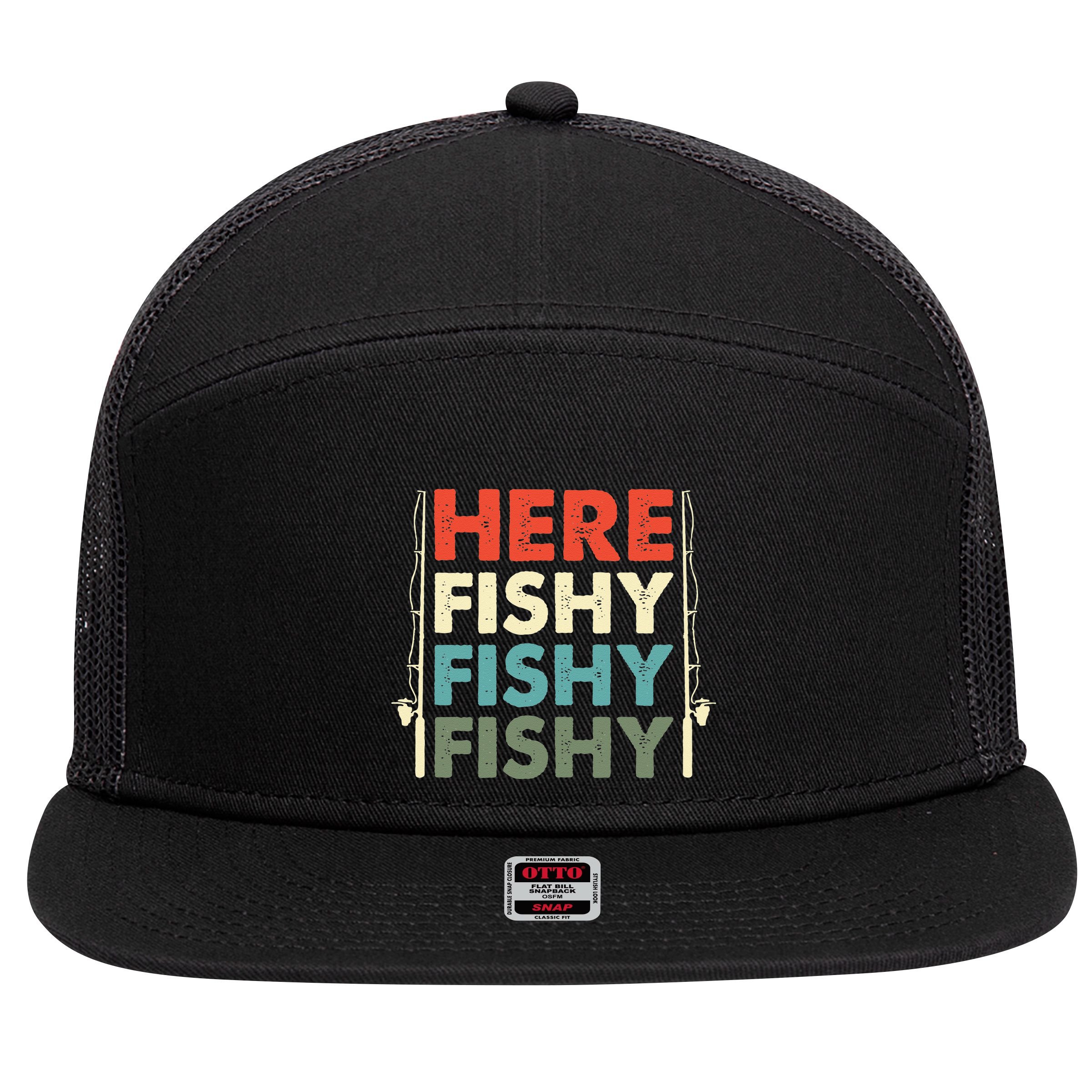 Fish Hunting Fishing Fishrod Fisherman 7 Panel Mesh Trucker Snapback Hat
