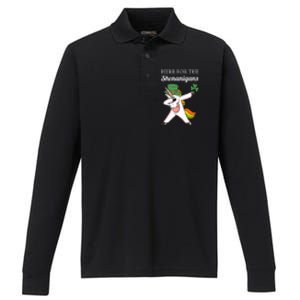 Funny Here For The Shenanigans Unicorn St Patricks Day Gift Performance Long Sleeve Polo