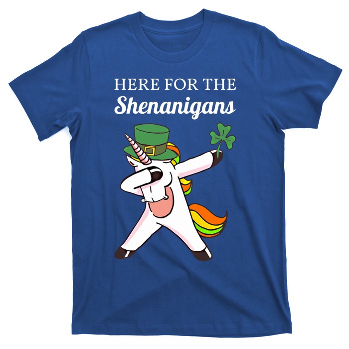 Funny Here For The Shenanigans Unicorn St Patricks Day Gift T-Shirt