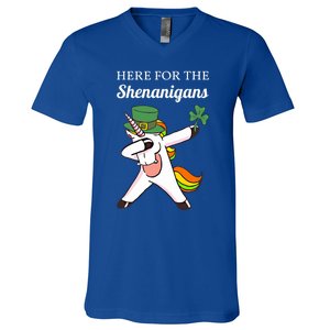 Funny Here For The Shenanigans Unicorn St Patricks Day Gift V-Neck T-Shirt