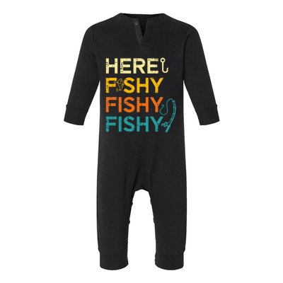 Fishing Here Fishy Retro Fish Lover Fisherman Infant Fleece One Piece