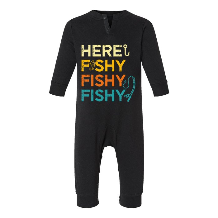 Fishing Here Fishy Retro Fish Lover Fisherman Infant Fleece One Piece