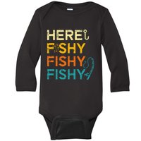 Fishing Here Fishy Retro Fish Lover Fisherman Baby Long Sleeve Bodysuit