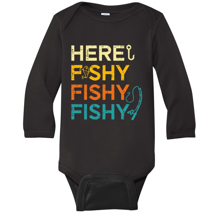 Fishing Here Fishy Retro Fish Lover Fisherman Baby Long Sleeve Bodysuit