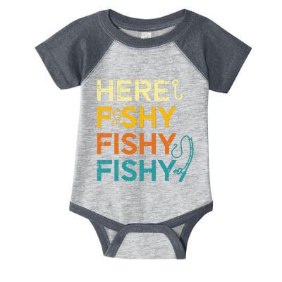 Fishing Here Fishy Retro Fish Lover Fisherman Infant Baby Jersey Bodysuit