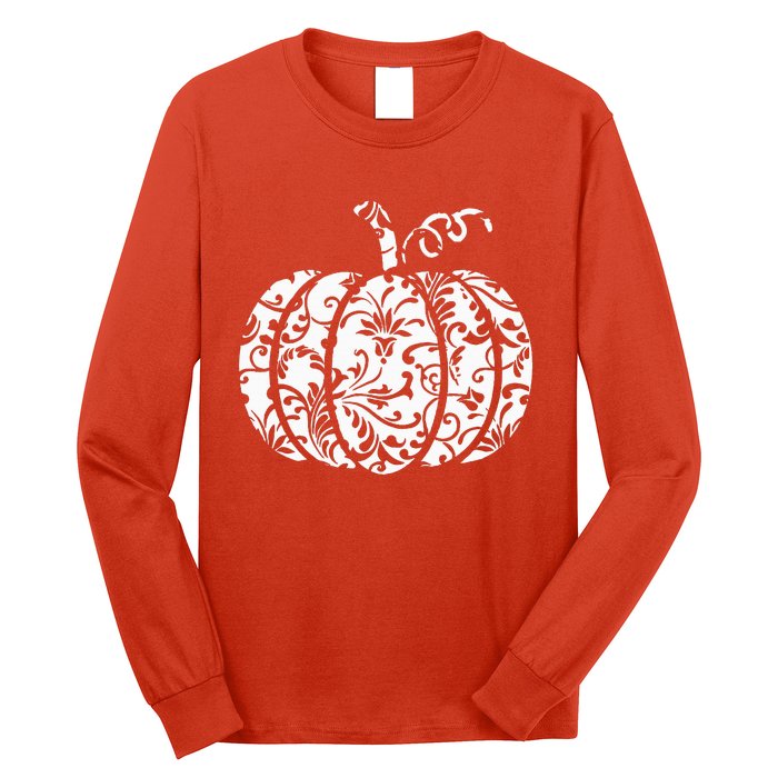 Floral Hello Fall Pumpkin Season Fall Vibes Halloween Orange Long Sleeve Shirt