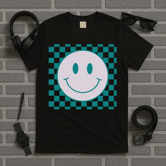 Funny Happy Face Checkered Pattern Smile Face Meme T-Shirt
