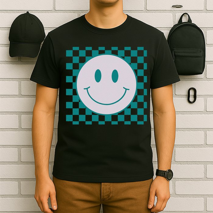 Funny Happy Face Checkered Pattern Smile Face Meme T-Shirt