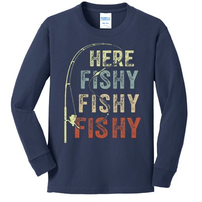 Fishing Here Fishy Bass Fish Funny Kids Long Sleeve Shirt