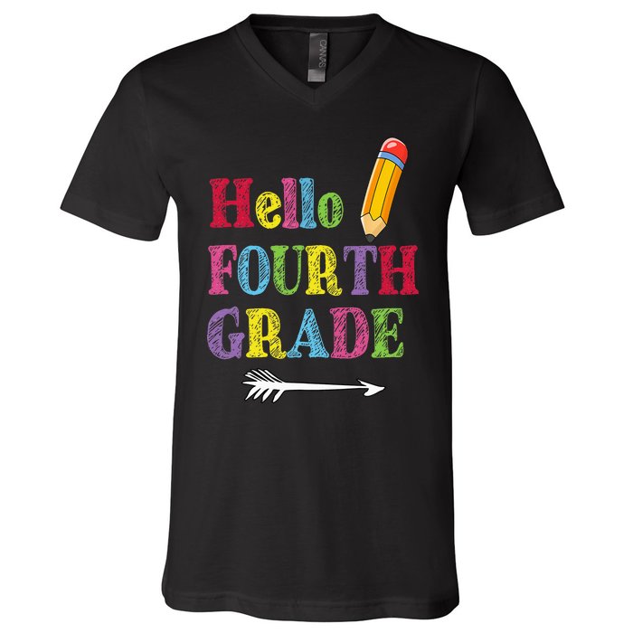 Funny Hello Fourth Grade Funny Back To The School V-Neck T-Shirt