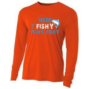 Funny Here Fishy Fishy Fishy Shirt Fish Hunting Fishing Fishrod Fisherman Cooling Performance Long Sleeve Crew