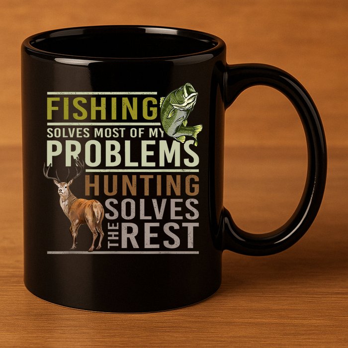 Funny Hunting Fishing Solves Most Of My Problems Gift 11oz C Handle Ceramic Mug