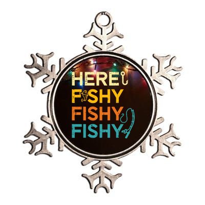 Fishing Here Fishy Retro Fish Lover Fisherman Metallic Star Ornament