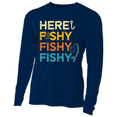 Fishing Here Fishy Retro Fish Lover Fisherman Cooling Performance Long Sleeve Crew