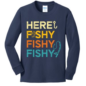 Fishing Here Fishy Retro Fish Lover Fisherman Kids Long Sleeve Shirt