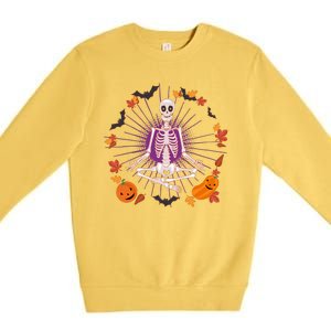 Funny Halloween Fall Autumn Namaste Yoga Skeleton Premium Crewneck Sweatshirt