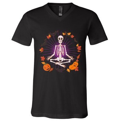 Funny Halloween Fall Autumn Namaste Yoga Skeleton V-Neck T-Shirt