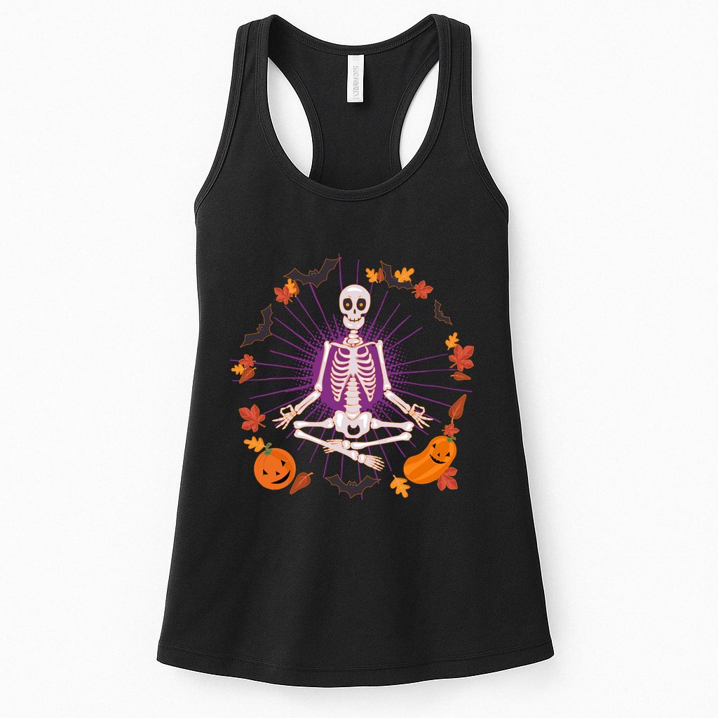 Funny Halloween Fall Autumn Namaste Yoga Skeleton Womens Tank Top