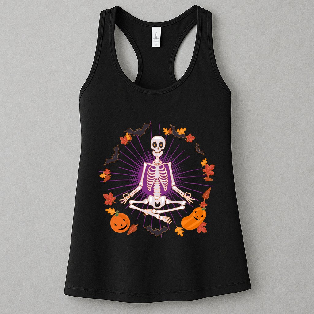 Funny Halloween Fall Autumn Namaste Yoga Skeleton Womens Tank Top