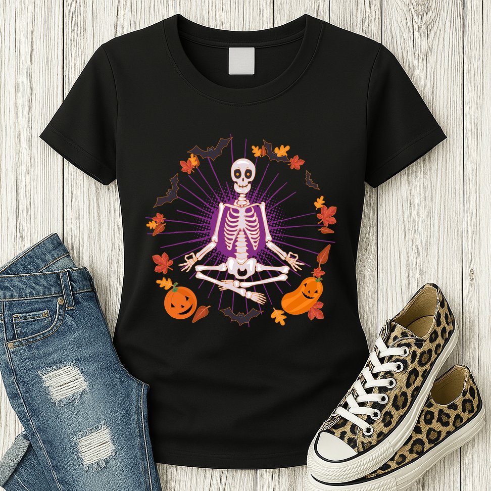 Funny Halloween Fall Autumn Namaste Yoga Skeleton Womens T-Shirt