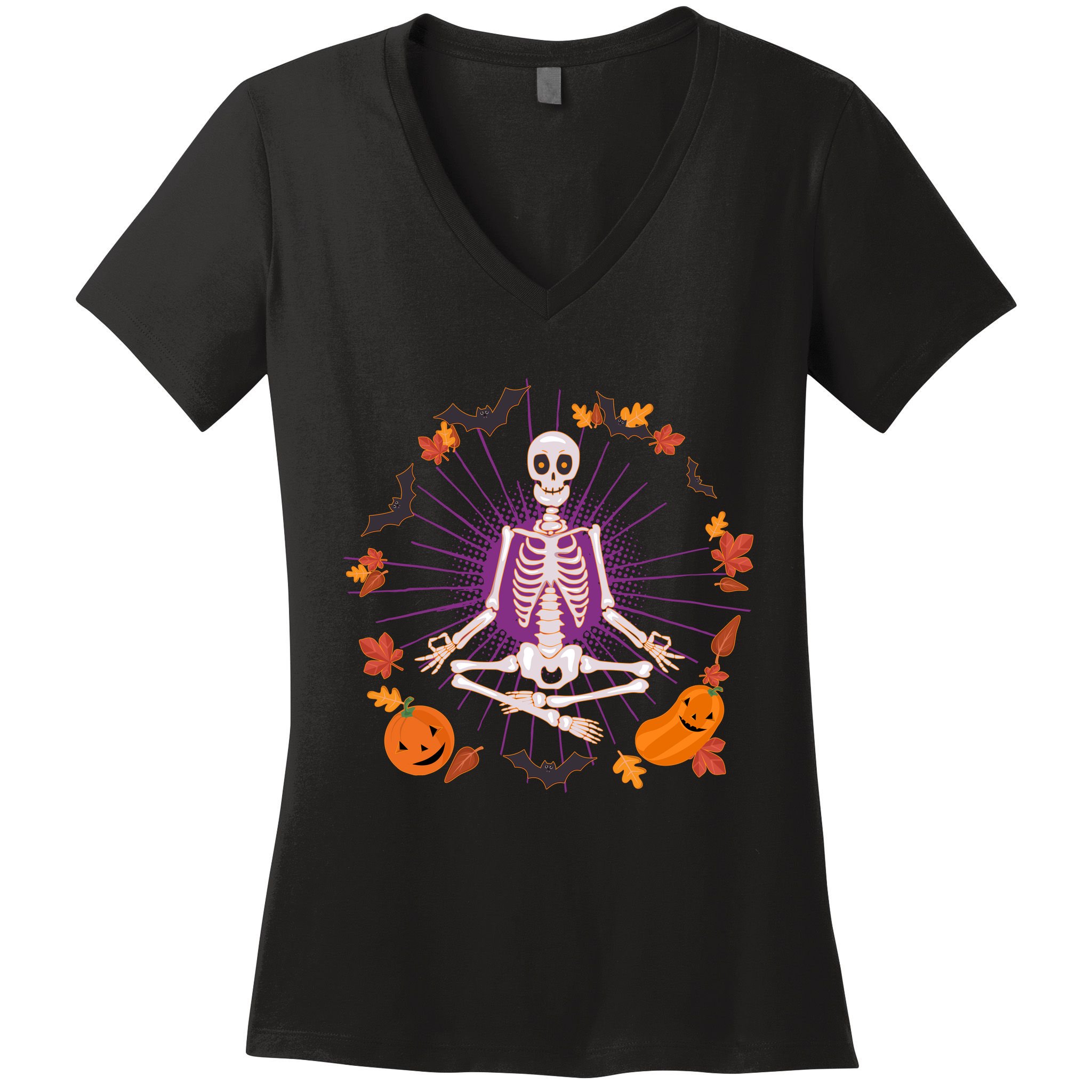 Funny Halloween Fall Autumn Namaste Yoga Skeleton Women's V-Neck T-Shirt