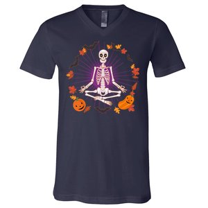 Funny Halloween Fall Autumn Namaste Yoga Skeleton V-Neck T-Shirt