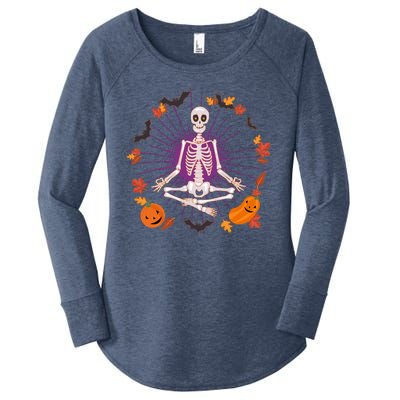 Funny Halloween Fall Autumn Namaste Yoga Skeleton Women's Perfect Tri Tunic Long Sleeve Shirt