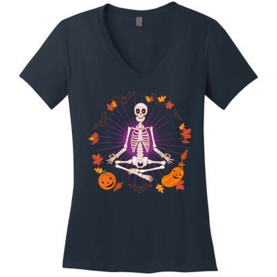 Funny Halloween Fall Autumn Namaste Yoga Skeleton Women's V-Neck T-Shirt