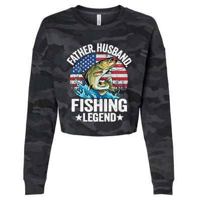 Father Husband Fishing Legend American Flag Dad Fishing Gift Cropped Pullover Crew