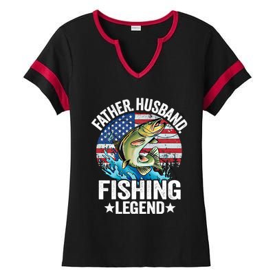 Father Husband Fishing Legend American Flag Dad Fishing Gift Ladies Halftime Notch Neck Tee